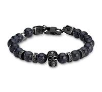 Arkai by Trendhim Beaded Bracelet Men | Natural Stone Bracelet with Blue Sandstone & Black Stainless Steel Skull | Men’s Jewellery with Brass Clasp | Danish Design | Casual Accessory