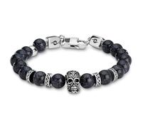 Arkai by Trendhim Beaded Bracelet Men | Natural Stone Bracelet with Blue Sandstone & Silver Stainless Steel Skull | Men’s Jewellery with Brass Clasp | Danish Design | Casual Accessory