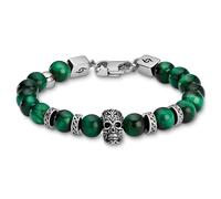 Arkai by Trendhim Beaded Bracelet Men | Natural Stone Bracelet with Green Tiger Eye & Silver Stainless Steel Skull | Men’s Jewellery with Brass Clasp | Danish Design | Casual Accessory