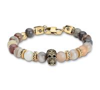 Arkai by Trendhim Beaded Bracelet Men | Natural Stone Bracelet with Light Botswana Agate & Gold Stainless Steel Skull | Men’s Jewellery with Brass Clasp | Danish Design | Casual Accessory