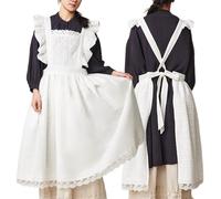 ARKCHIU Women's Apron Cotton Pinafore Dress Ruffle Retro Apron with 2 Pockets for Kitchen Cooking CleaningWhite,One Size