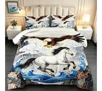 Arkhelen Bald Eagle Comforter Set Queen Size Ocean Wave Room Decor Blue White Wildlife Comforter Adults Horse Bedding Set for Teens Animal Quilt Dorm Oriental Style Bedroom Decor Guest Bedroom