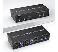 Arkidyn Plus USB 3.0 HDMI Dual Monitor KVM Switch 2 Port, 4K@60Hz for Computers Share Monitors and 3 Ports, Audio Microphone Output, Wired Remote Cables Included