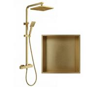 ARKO BATHROOM Arko Thermostatic Mixer Shower Set With Stainless Steel 300X300mm Storage Niche Recessed Wall Shelf , Brass