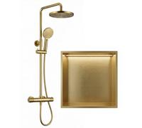 ARKO BATHROOM Arko Thermostatic Mixer Shower Set With Stainless Steel 300X300mm Storage Niche Recessed Wall Shelf Built In Led Light, Brass