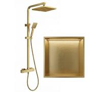ARKO BATHROOM Arko Thermostatic Mixer Shower Set With Stainless Steel 300X300mm Storage Niche Recessed Wall Shelf Built In Led Light, Brass