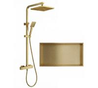 ARKO BATHROOM Arko Thermostatic Mixer Shower Set With Stainless Steel 600X300mm Storage Niche Recessed Wall Shelf , Brass