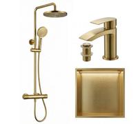 ARKO BATHROOM Arko Thermostatic Mixer Shower Set With Stainless Steel Led Storage Niche 300X300mm And Matching Basin Sink Tap, Brass