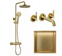 ARKO BATHROOM Arko Thermostatic Mixer Shower Set With Stainless Steel Led Storage Niche 300X300mm And Matching Basin Sink Tap, Brass