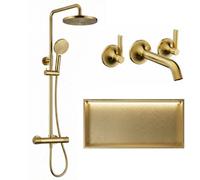ARKO BATHROOM Arko Thermostatic Mixer Shower Set With Stainless Steel Led Storage Niche 600X300mm And Matching Basin Sink Tap, Brass