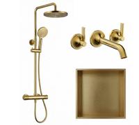 ARKO BATHROOM Arko Thermostatic Mixer Shower Set With Stainless Steel Storage Niche 300X300mm And Matching Basin Sink Tap, Brass