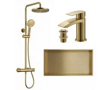 ARKO BATHROOM Arko Thermostatic Mixer Shower Set With Stainless Steel Storage Niche 600X300mm And Matching Basin Sink Tap, Brass