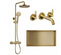 ARKO BATHROOM Arko Thermostatic Mixer Shower Set With Stainless Steel Storage Niche 600X300mm And Matching Basin Sink Tap , Brass