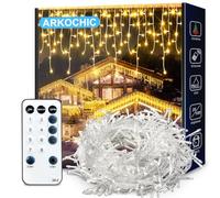 ARKOCHIC 10M Icicle Lights Warmwhite Outdoor Christmas Lights, Outdoor String Light with 320LED 60 Drops, IP65 Waterproof Hanging Fairy Light Mains Powered for Christmas Decoration Eaves Garden Room