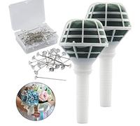Arlai 2pcs 7.1" Bridal Bouquet Stand Wedding Bridal Bouquet Holder Foam Flower Handles (Green+White), with 50pcs Bouquet Pin Brooch Flower Pin Teardrop Pearl Head Pin for Bride Artificial Flower