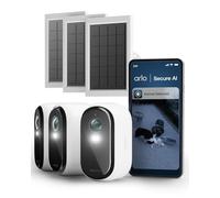 Arlo Essential 3 HD Video Security Camera Outdoor Wireless & 3 Solar Panels, Battery Operated, Colour Night Vision, Light, Siren, 2 Way Audio & WiFi, Secure Free Trial, 3 Cameras, White