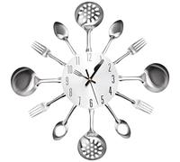 arlote Metal Kitchen Cutlery Wall Clock 14 Inch with Fork Spoon 3D Non Ticking Quartz Watch Clock for Bedroom Home Decor,Silver