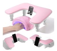 Arm Rest for Nails Tech: 3rd Generation Manicure Nail Arm Rest with Rotating Phone Stand, U-Shaped Height Adjustable Hand Rest Pillow for Acrylic Nails Pink