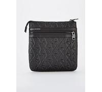 Armani Exchange Men Double Pocket Embossed Monogram Texture Crossbody, Black, One Size