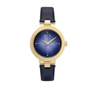 Armani Exchange Watch for Women, Quartz Two Hand Movement and 36mm Case Size with Stainless Steel or Leather Strap, Gold Tone and Light Blue