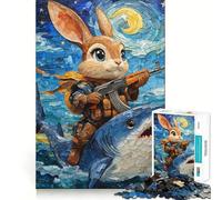Armed Rabbit Riding Shark in Starry Night Jigsaw Puzzles for Adults 1000 Piece Recreational Game Clean Connection Pattern Assemble Table Accent (50x75cm)