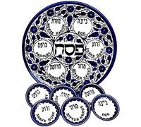 Armenian Ceramic Seder Plate with 6 Bowls, Blue Flowers Design, 30 centimetres