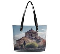 Armenian Church Tote Bag Large Soft Leather Purse with Zipper Lightweight Ladies Shoulder Handbag