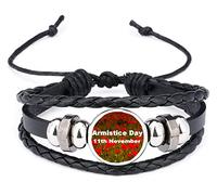Armistice Day Poppy Remembrance Black Leather Bracelet and Velvet Gift Bag