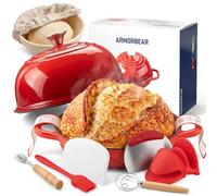 Armorbear Enamelled Cast Iron Dutch Oven for Bread Making, 4.7L/5QT Round Casserole Pot with High Dome Lid, Sourdough Baking Set with Banneton Proving Basket, Lame, Sling & Oven Gloves, Red