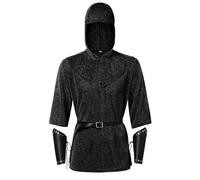 Armour Tunic Shirt Men's Faux Chain Mail Cape Medieval Knight Cowl Crusader Cosplay Costume Bracers Waist Belt Set Imitation Chain Mail Renaissance Fancy Dress, black, S