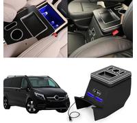 Armrest Storage Box Centre Console Compatible with Mercedes-Benz V-Class V220 V260 V250 W447, Black Gloss Leather Multivan Accessories with USB Charging Box and LED Lights