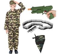 Army Boy Camo Outfit with Toy Machine Gun, Bullet Belt & Bandana - Kids' Soldier Fancy Dress Costume for Book Week, Parties & Army Role Play - XLarge