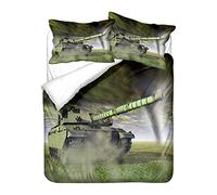 Army Green Bedding Set Duvet Cover and 80x80cm Pillowcase, 3D Weapon Tank Army Pattern Boy Man Dorm Duvet Cover with Zipper Closure Polyester Microfiber (Tank 2,Single 135 x 200cm)