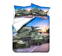 Army Green Bedding Set Duvet Cover and 80x80cm Pillowcase, 3D Weapon Tank Army Pattern Boy Man Dorm Duvet Cover with Zipper Closure Polyester Microfiber (Tank 5,Single 135 x 200cm)