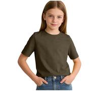 Army Green Girls Solid Color School Basic T-Shirt - Short Sleeve Summer Tops Crew Neck Back Letter Print Tshirts for School Daily Casual Outings Vacation Trips 15 Years