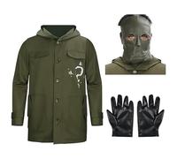 Army Green Riddler Jacket Cosplay Costume with Mask Gloves Edward Villain Question Mark Coat Halloween Cosplay Costume, Green, M