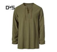 (army green, S) Men's Vintage Lace-Up T-Shirt Long Sleeve Henry Collar Top Spring Autumn Solid Color Tee Shirt for Daily Wear Performances Cosplay