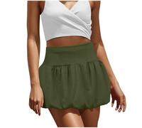 Army Green Skirts for Women UK Elasticated Waist Bubble Mini Skirt Lightweight Solid Plain Ladies Skirts Boho Cute Puff Ruffled Hem Skirt with Short Flowy Puffer for Going Out Date Size L