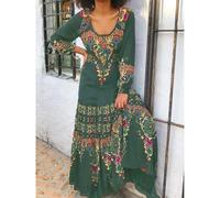 (army green, Triple Extra Large) "Elegant Floral Print Long-Sleeve U-Neck Dress for Spring & Autumn"