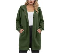 Army Green Women's Hooded Sweatshirt - Longline, Plus Size, Lightweight Fleece Lined, Solid Color, Drawstring, Hoodie, Zip Up, with Pockets, Plus Size Casual Hoodie Jackets for Ladies UK XXL