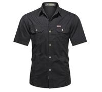 Army Military Style Men Short Sleeved Shirt - Outdoor Work Shirts Lightweight Breathable Summer Shirt Button Down Fished Shirt with Chest Pocket Walking Shirt Short-Sleeve Shirt Solid Shirt Black