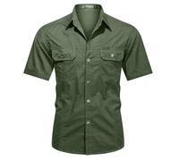 Army Style Shirt for Men UK Solid Color Tactical Shirt Regular Fit Breathable Short Sleeve Shirts Comfy Banded Collar Button Down Shirts with Chest Pockets Soft Stretch Lightweight Top Green