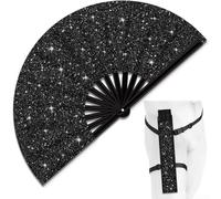ARMYJY Glitter Folding Hand Fan, Large Size 35X65cm Portable Clack Fan With Holster For Summer Cooling, Raves, Festivals, Parties, Events(Black glitter fan)