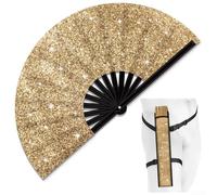 ARMYJY Glitter Folding Hand Fan, Large Size 35X65cm Portable Clack Fan With Holster For Summer Cooling, Raves, Festivals, Parties, Events(gold fan)