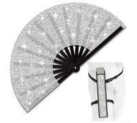 ARMYJY Glitter Folding Hand Fan, Large Size 35X65cm Portable Clack Fan With Holster For Summer Cooling, Raves, Festivals, Parties, Events(Silver glitter fan)