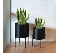 ARNIS Modern Plant Pots, Large Planters with Stand, Set of 2 Decorative Planters, Metal Pots with Drainage Holes for Living Room, Office, Garden or Balcony, 10.5 &12.25 Inch, Black