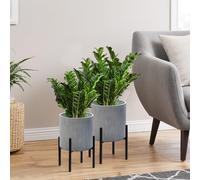 ARNIS Modern Plant Pots, Set of 2 Large Planters with Stand, Decorative Planters, Metal Pots with Drainage Holes for Living Room, Office, Garden or Balcony, 8.25 &10.5 Inch, Dark Cement Matte