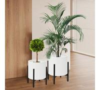 ARNIS Modern Plant Pots, Set of 2 Large Planters with Stand, Decorative Planters, Metal Pots with Drainage Holes for Living Room, Office, Garden or Balcony, 8.25 &10.5 Inch, White