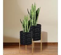ARNIS Modern Planter Pots, Set of 2 Large Planters with Stand, Decorative Planters, Metal Pots with Drainage Holes for Living Room, Office, Garden or Balcony, 10.5 &12.25 Inch, Matte Black