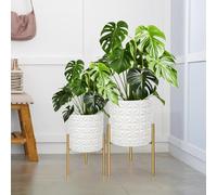 ARNIS Modern Planter Pots, Set of 2 Large Planters with Stand, Decorative Planters, Metal Pots with Drainage Holes for Living Room, Office, Garden or Balcony, 10.5 &12.25 Inch, Matte White